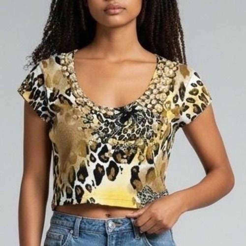 Vtg Cache Leopard Print Top Womens Small Yellow Pearl Graphic Bow Y2K‎ Glam